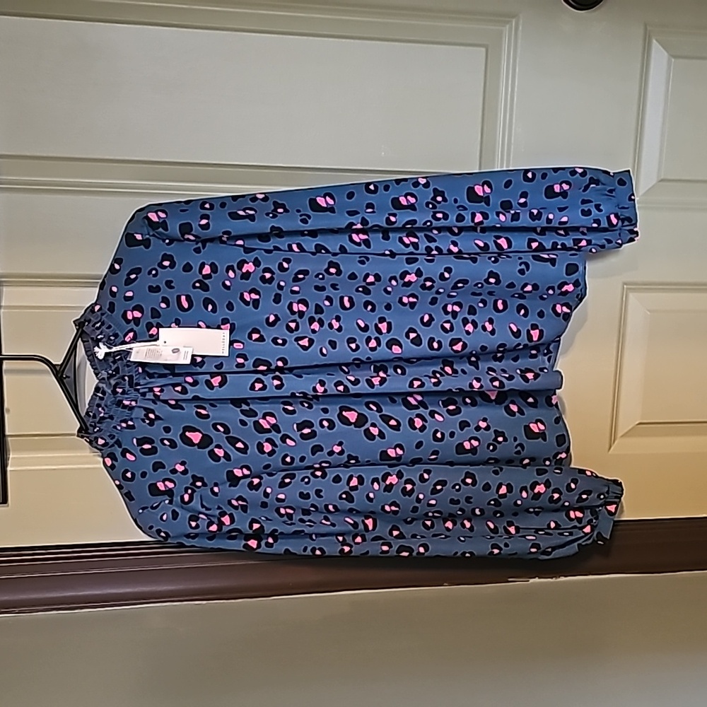 Teal and pink leopard print blouse size L